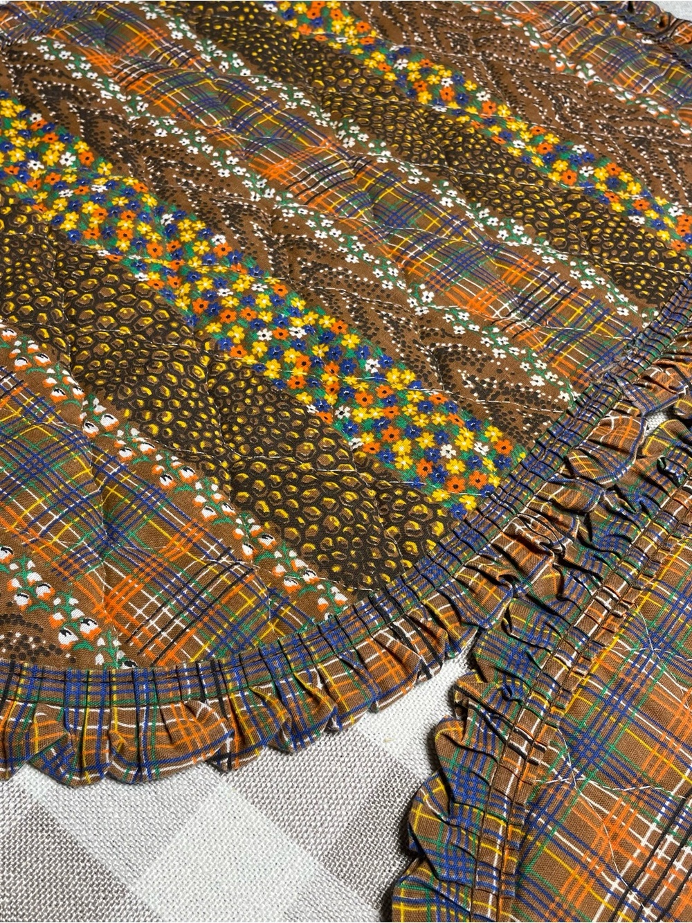 Brown Multi-Pattern Quilted Placemats with Ruffled Edge